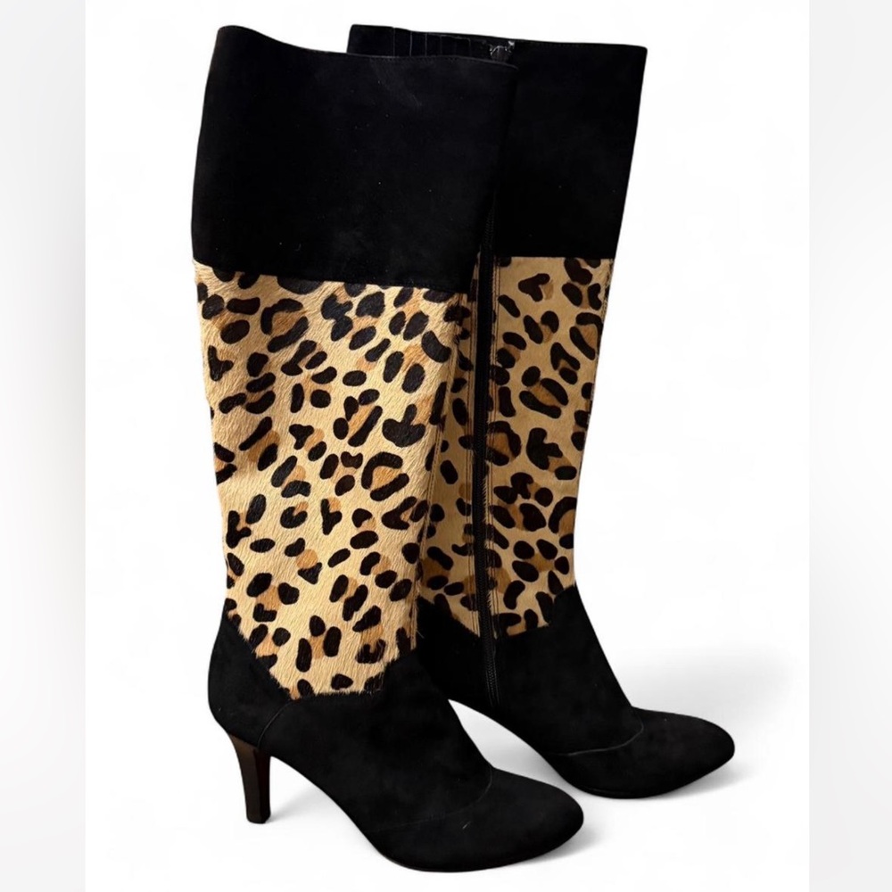 Vaneli Black and Leopard Print Heeled Boots
